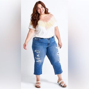 Maurices Plus Size DenimFlex™ Medium Wash Destructed Cuffed Capri - Size: 20W